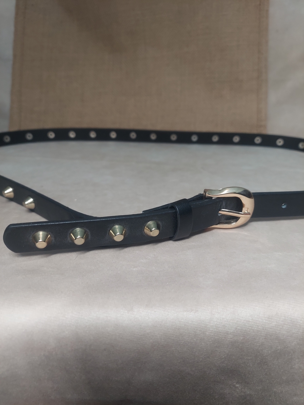 Black Studded Belt - Gold Tone Hardware - Size 2 - Edgy Rock Chic Accessory